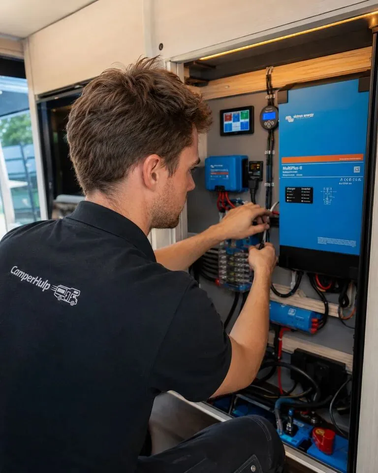 Monteur aan het werk aan een energiesysteem in een camper